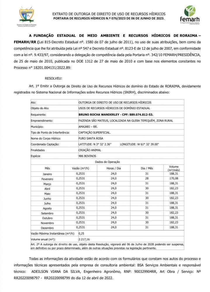 EXTRATO DE OUTORGA DE DIREITO DE USO DE RECURSOS HÍDRICOS