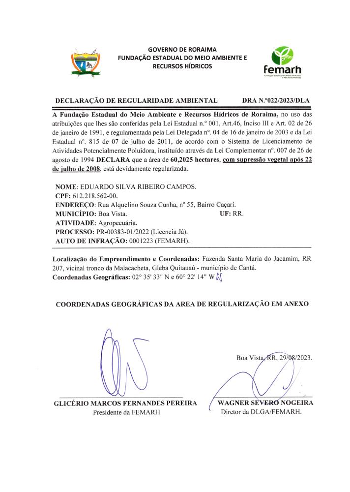 DECLARAÇAO DE REGULARIDADE AMBIENTAL