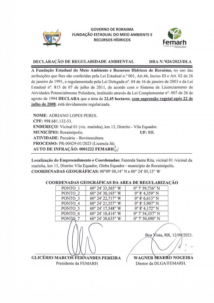 DECLARAÇAO DE REGULARIDADE AMBIENTAL