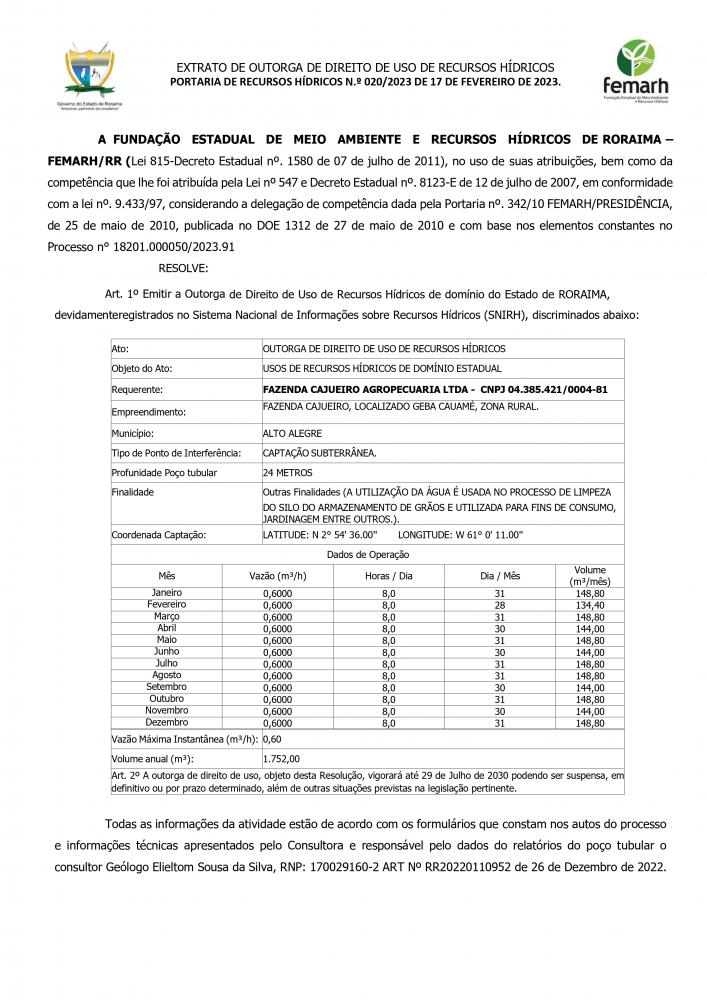 EXTRATO DE OUTORGA DE USO DE RECURSOS HÍDRICOS