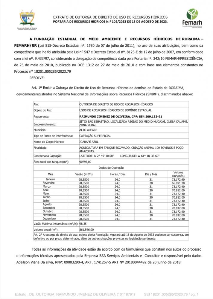 EXTRATO DE OUTORGA DE DIREITO DE USO DE RECURSOS HÍDRICOS