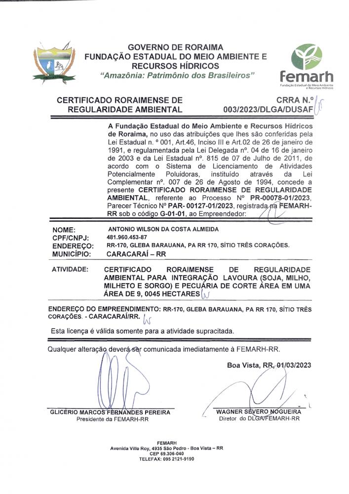 CERTIFICADO RORAIMENSE DE REGULARIDADE AMBIENTAL