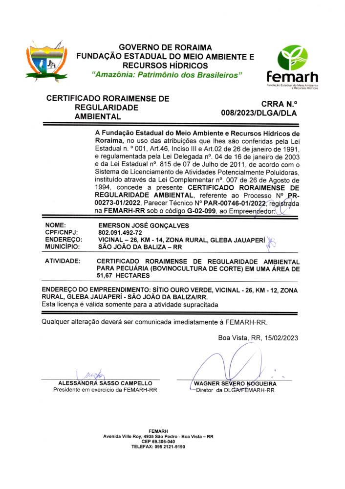CERTIFICADO RORAIMENSE DE REGULARIDADE AMBIENTAL