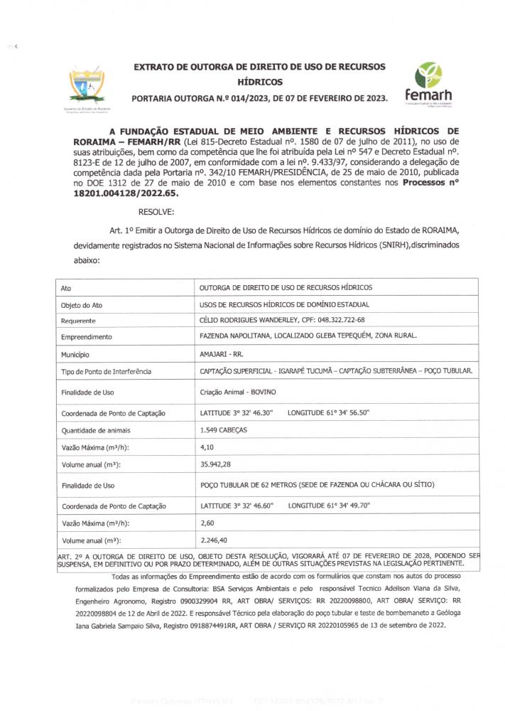  EXTRATO DE OUTORGA DE DIREITO DE USO DE RECURSOS HIDRICOS