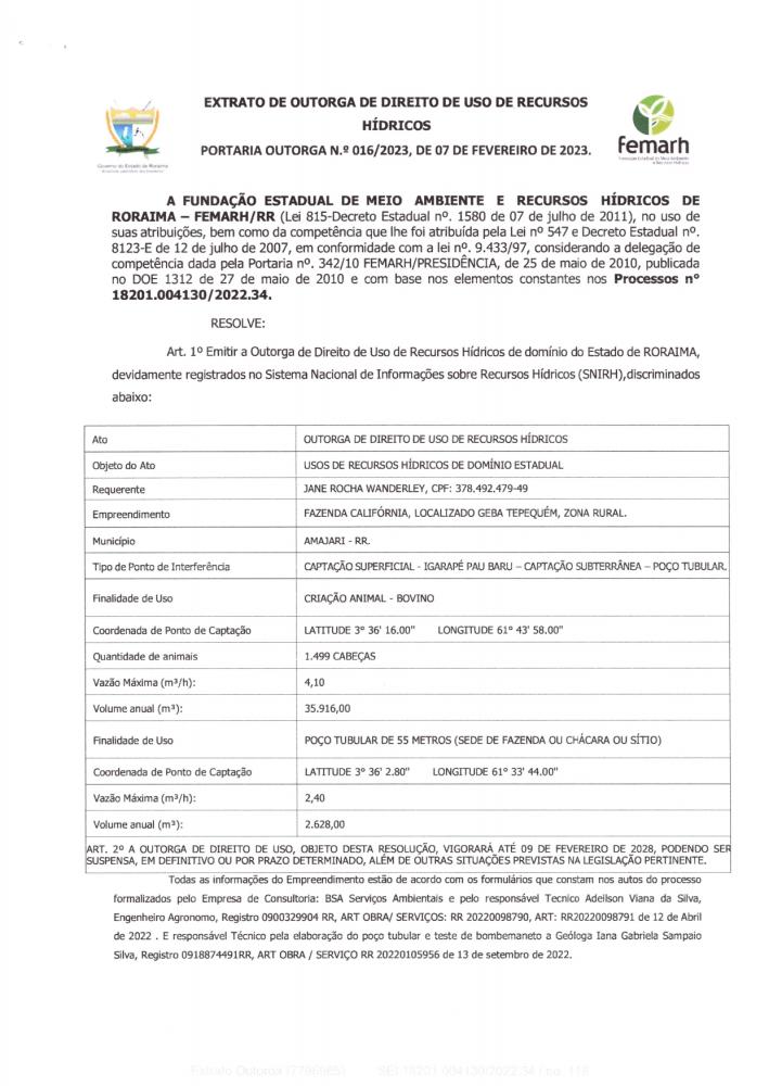 EXTRATO DE OUTORGA DE DIREITO DE USO DE RECURSOS HÍDRICOS