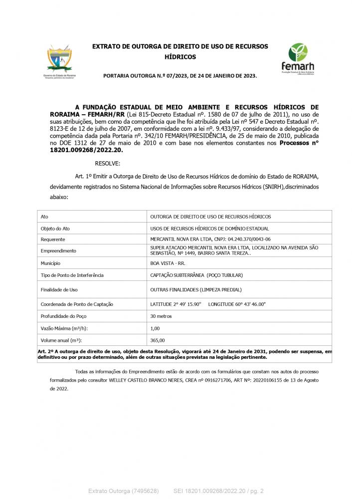 EXTRATO DE OUTORGA DE DIREITO DE USO DE RECURSOS HÍDRICOS
