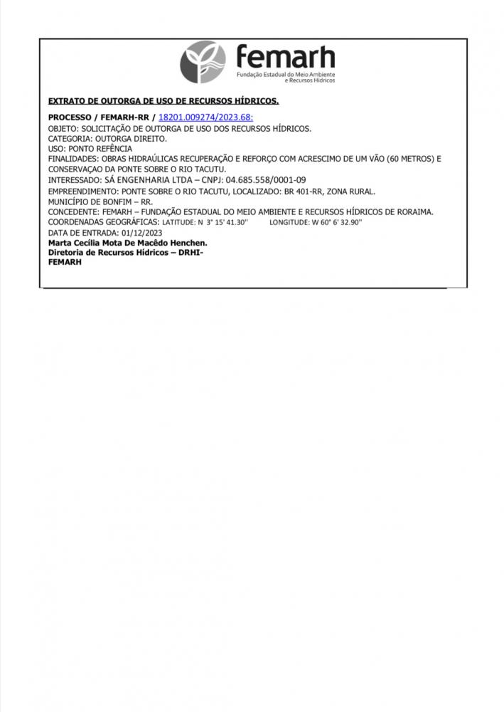 EXTRATO DE OUTORGA DE USO DE RECURSOS HÍDRICOS