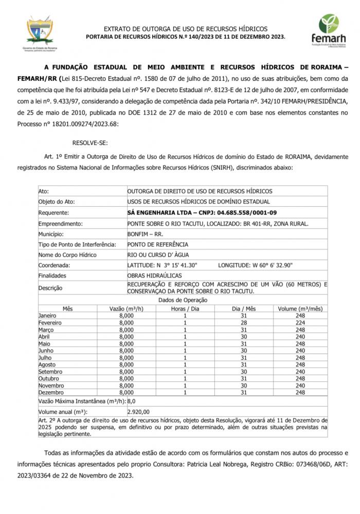 EXTRATO DE OUTORGA DE USO DE RECURSOS HÍDRICOS.