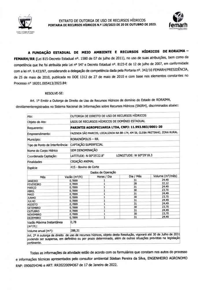 EXTRATO DE OUTORGA DE USO DE RECURSOS HÍDRICOS