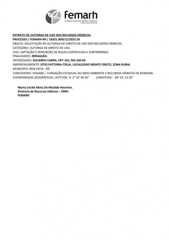 EXTRATO DE OUTORGA DE USO DOS RECURSOS HÍDRICOS