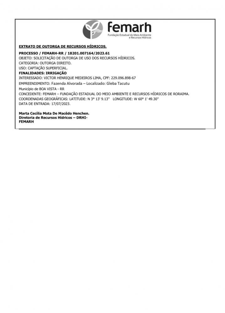 EXTRATO DE OUTORGA DE RECURSOS HÍDRICOS