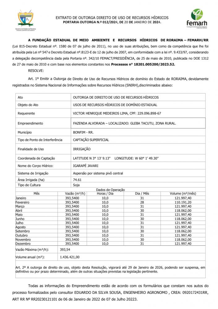 EXTRATO DE OUTORGA DE RECURSOS HÍDRICOS