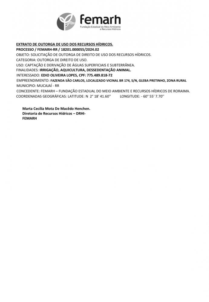 EXTRATO DE OUTORGA DE USO DOS RECURSOS HÍDRICOS