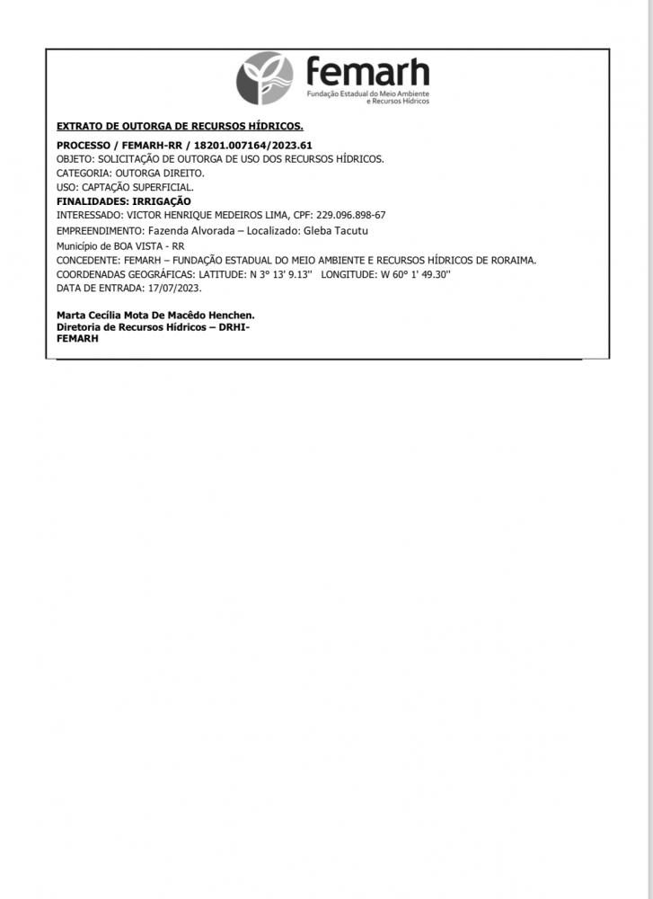 EXTRATO DE OUTORGA DE RECURSOS HÍDRICOS