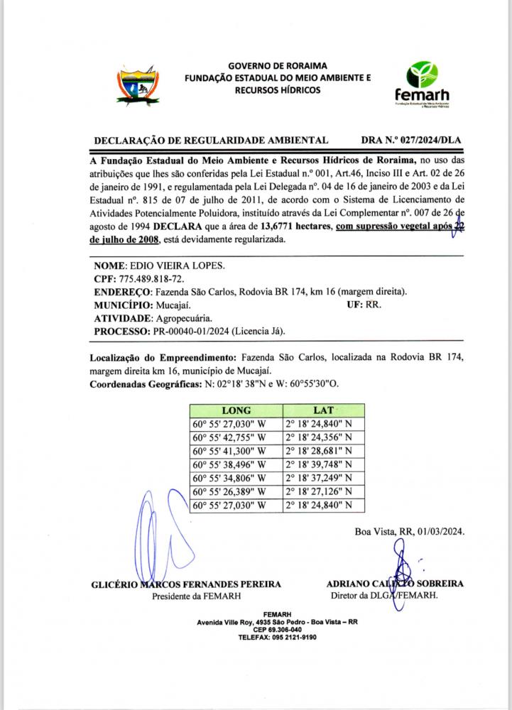 DECLARAÇÃO DE REGULARIDADE AMBIENTAL