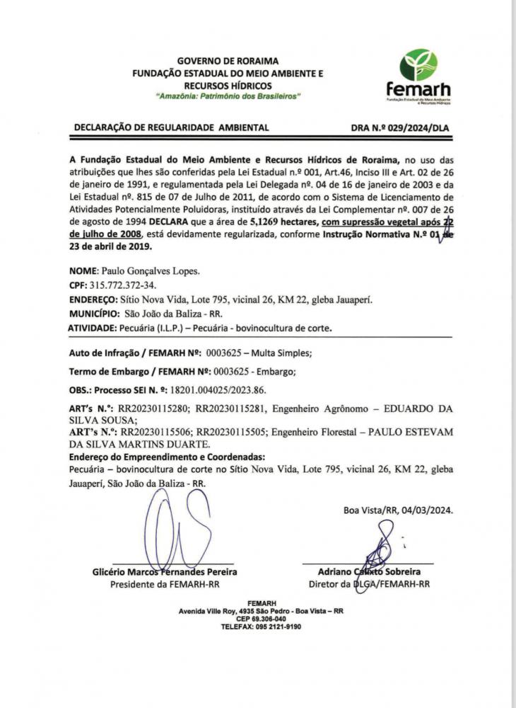 DECLARAÇÃO DE REGULARIDADE AMBIENTAL