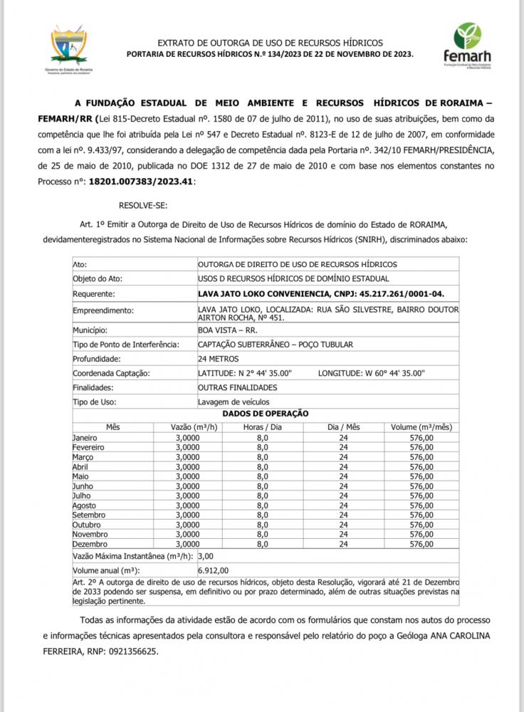 EXTRATO DE OUTORGA DE USO DE RECURSOS HÍDRICOS 