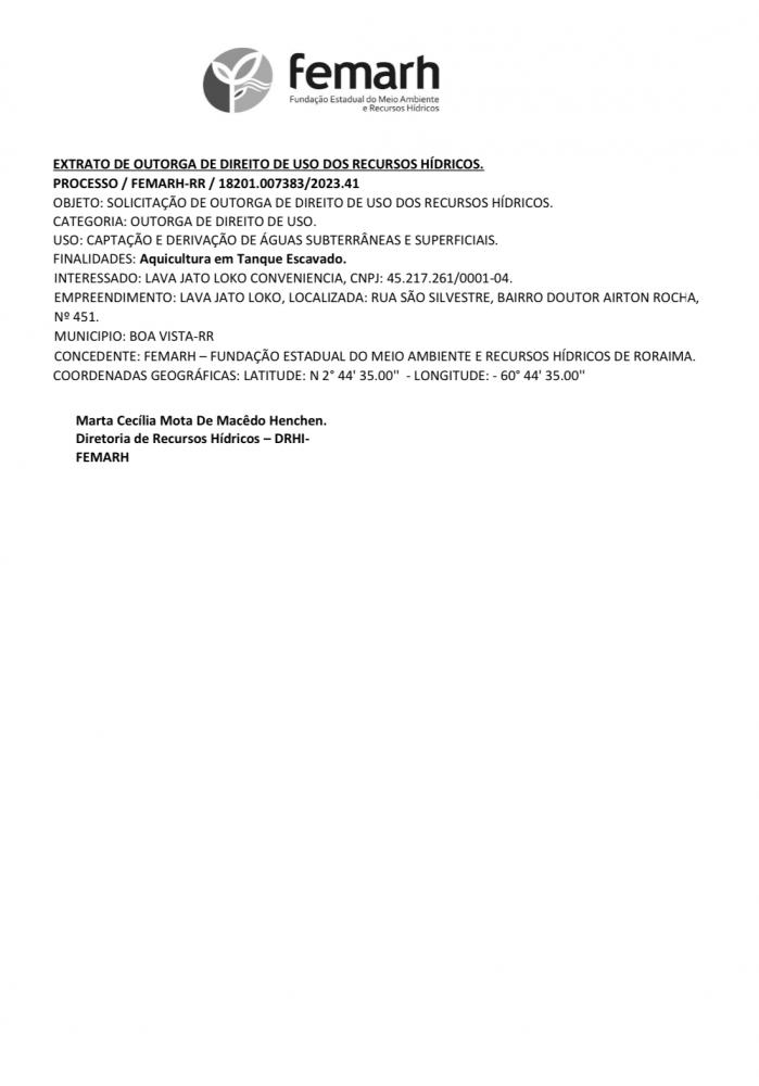 EXTRATO DE OUTORGA DE DIREITO DE USO DOS RECURSOS HÍDRICOS