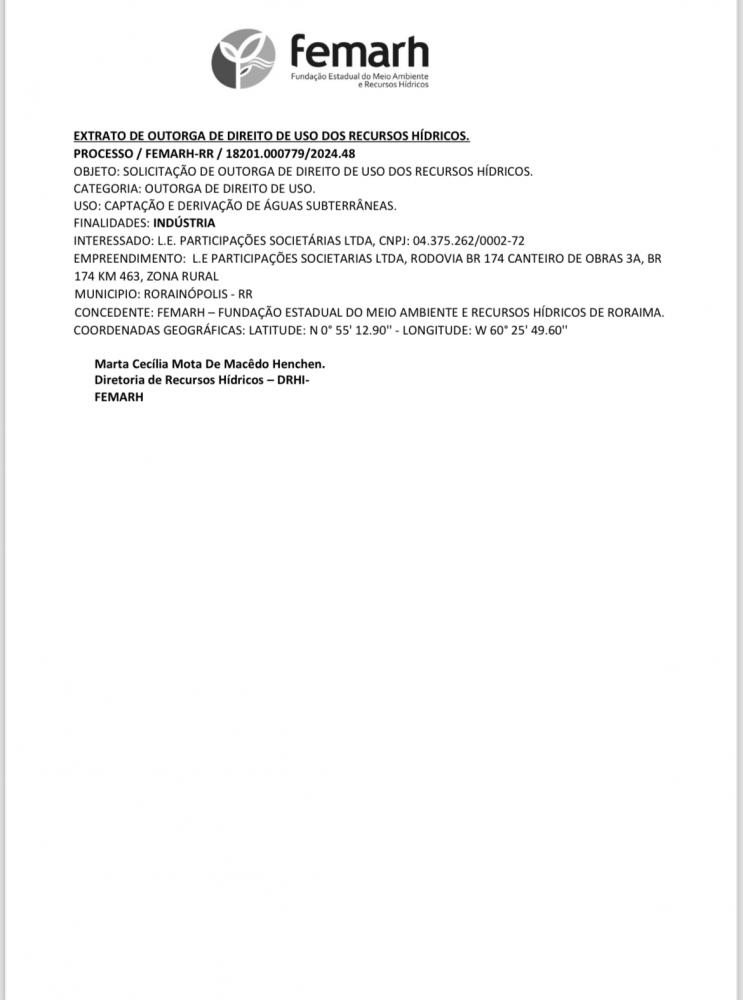 EXTRATO DE OUTORGA DE DIREITO DE USO DOS RECURSOS HÍDRICOS