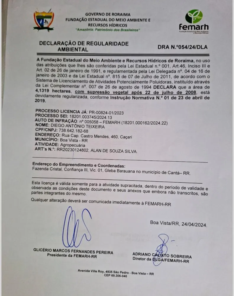 DECLARAÇÃO DE REGULARIDADE AMBIENTAL 