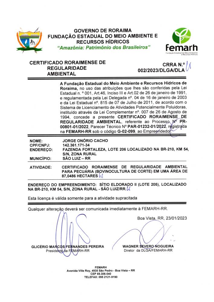 CERTIFICADO ROROAIMENSE DE REGULARIDADE AMBIENTAL