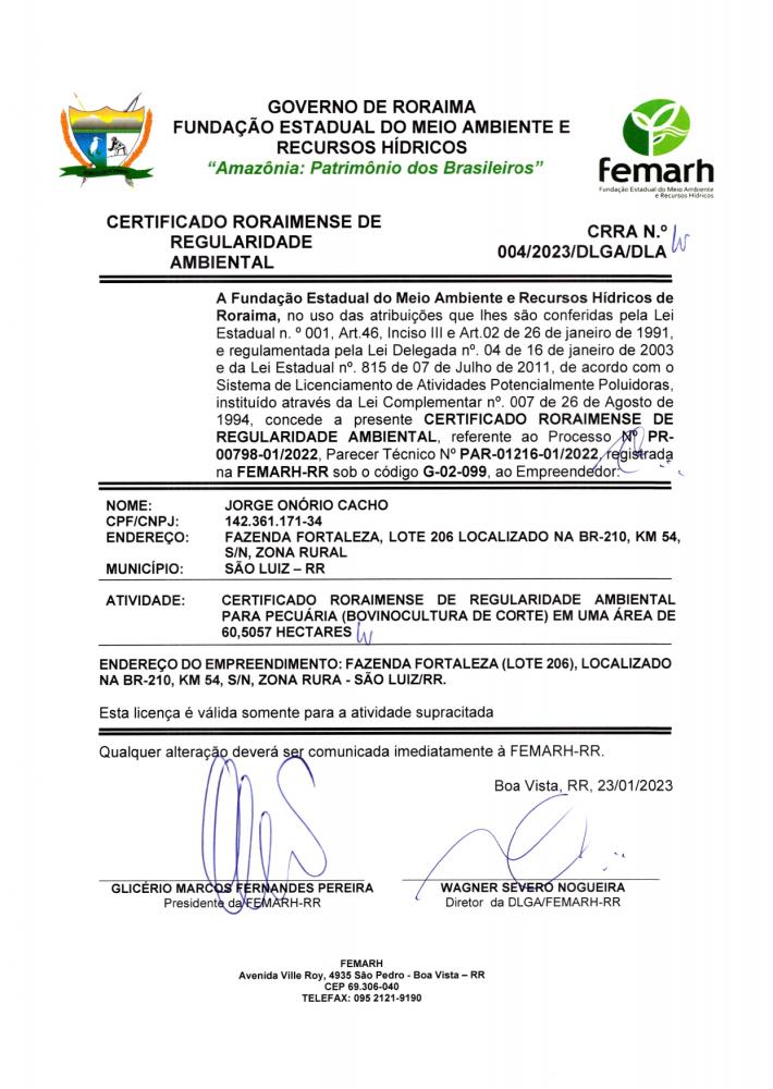 CERTIFICADO ROROAIMENSE DE REGULARIDADE AMBIENTAL