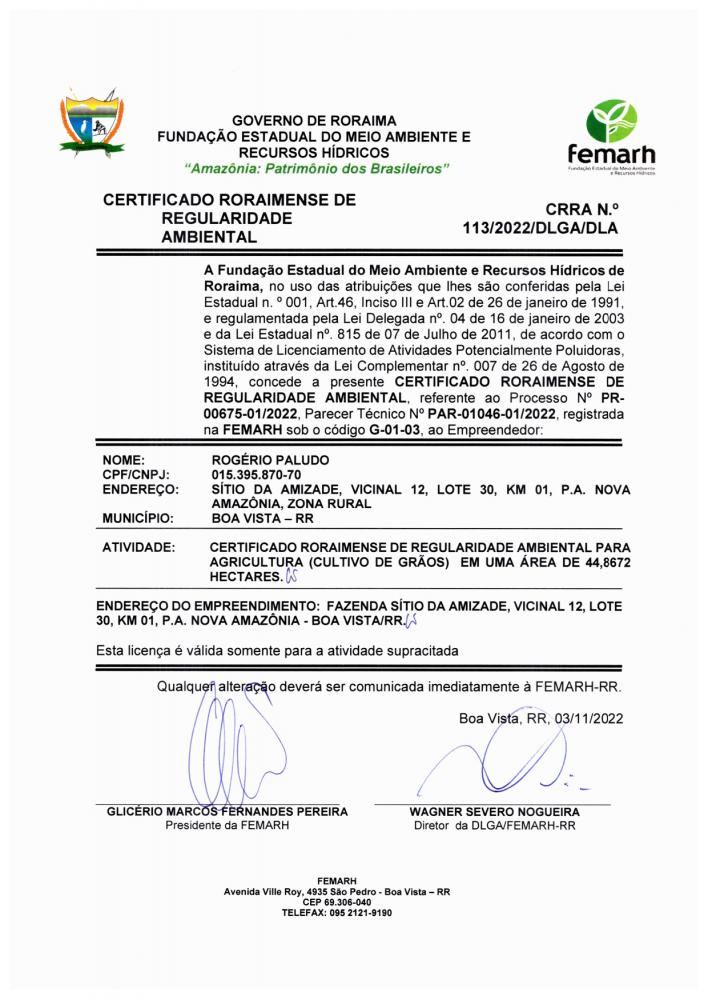 CERTIFICADO RORAIMENSE DE REGULARIDADE AMBIENTAL