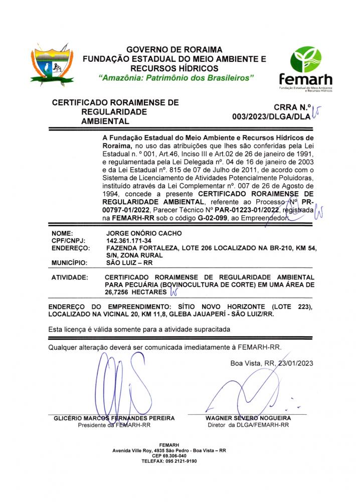 CERTIFICADO ROROAIMENSE DE REGULARIDADE AMBIENTAL
