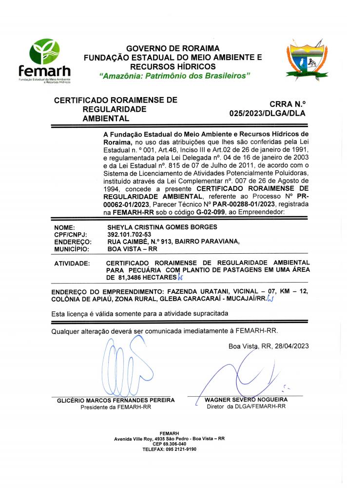 CERTIFICADO RORAIMENSE DE REGULARIDADE AMBIENTAL