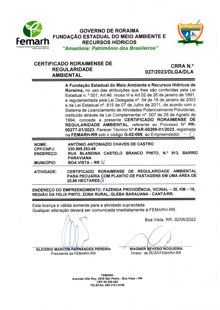 CERTIFICADO RORAIMENSE DE REGULARIDADE AMBIENTAL