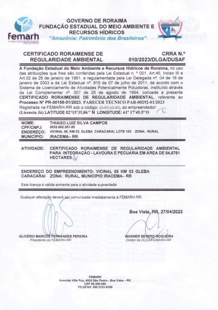 CERTIFICADO RORAIMENSE DE REGULARIDADE AMBIENTAL