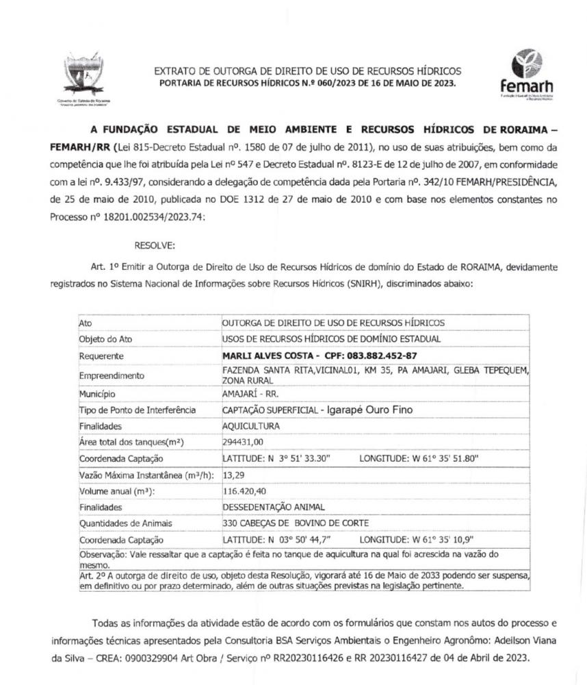 EXTRATO DE OUTORGA DE DIREITO DE USO DE RECURSOS HÍDRICOS