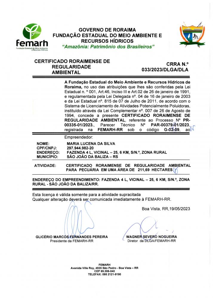 CERTIFICADO RORAIMENSE DE REGULARIDADE AMBIENTAL