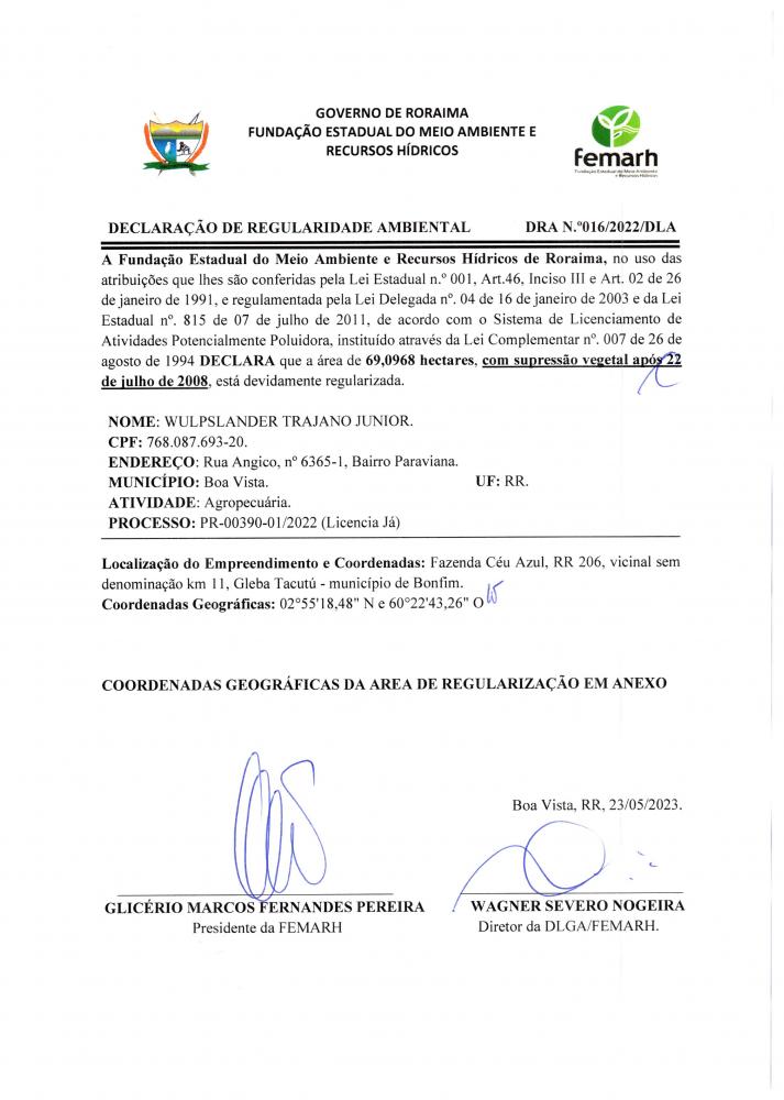 DECLARAÇAO DE REGULARIDADE AMBIENTAL