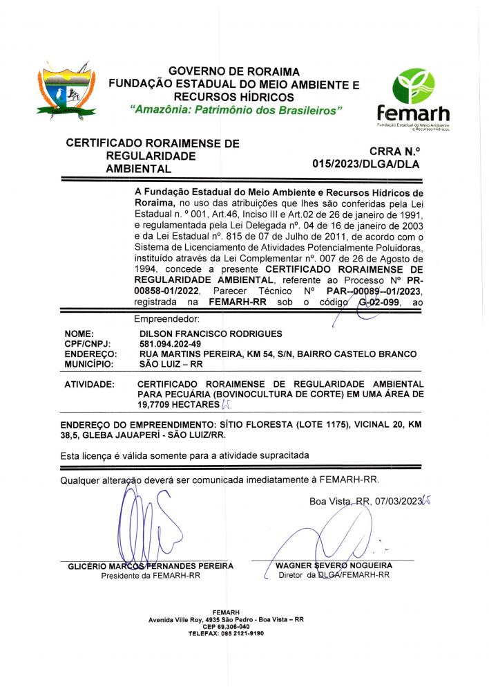 CERTIFICADO RORAIMENSE DE REGULARIDADE AMBIENTAL