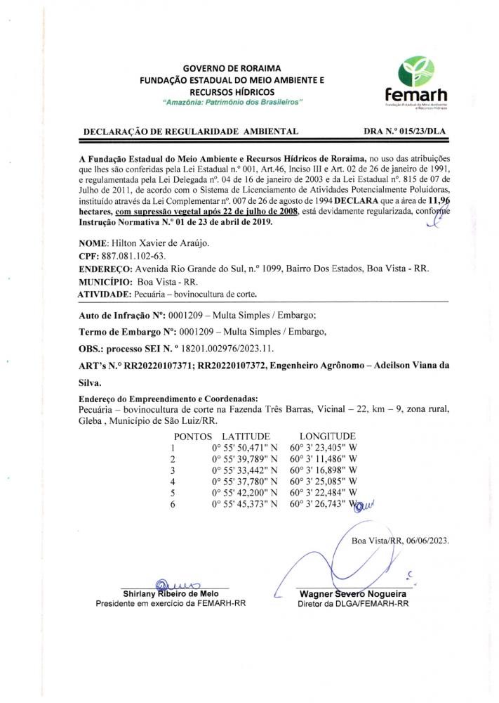 DECLARAÇAO DE REGULARIDADE AMBIENTAL