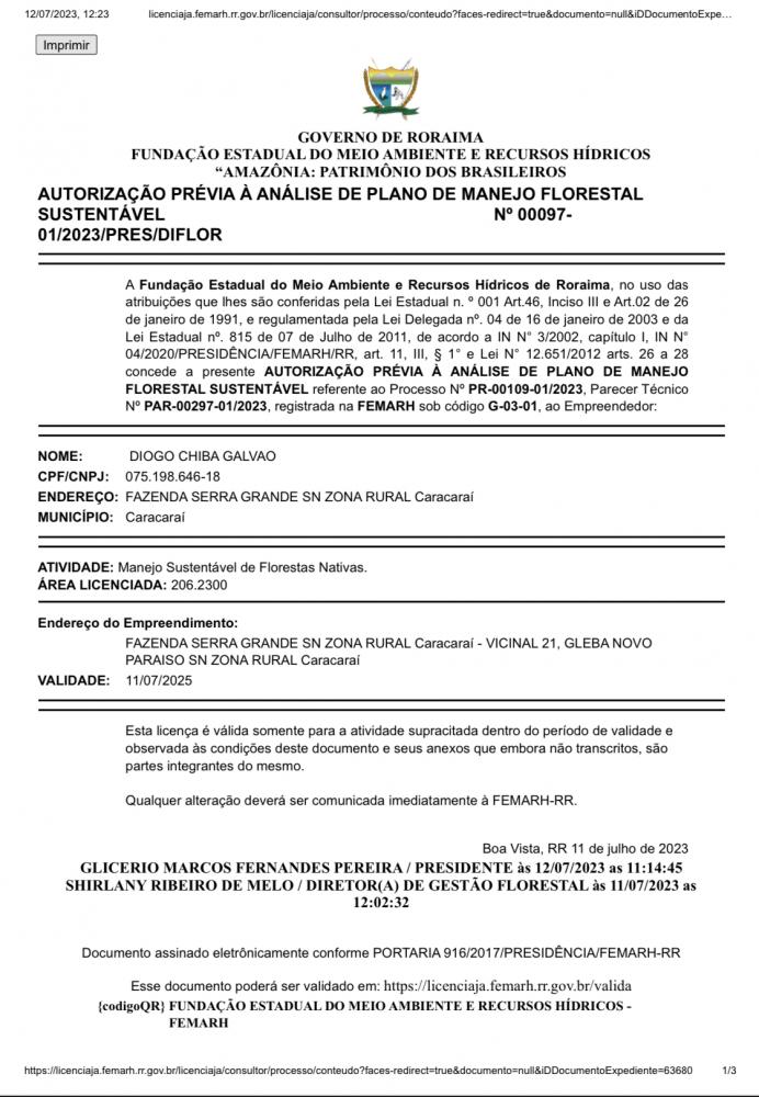 AUTORIZAÇÃO PRÉVIA À ANÁLISE DE PLANO DE MANEJO FLORESTAL SUSTENTÁVEL