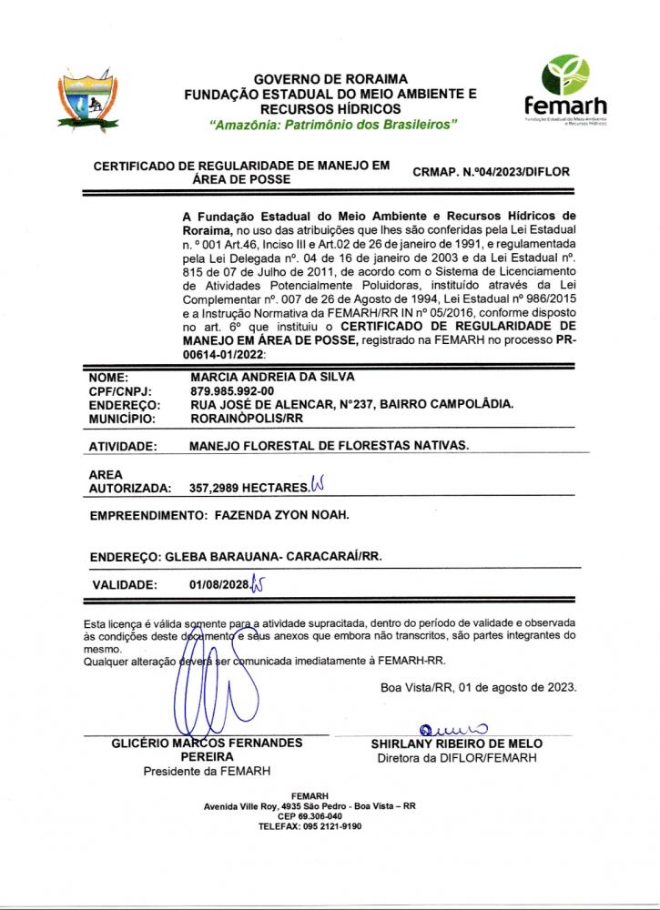 CERTIFICADO DEREGULARIDADE DE MANEJO EM ÁREA DE POSSE